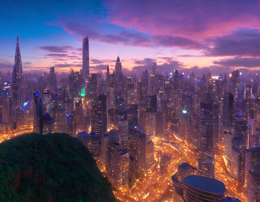 Vibrant twilight cityscape with glowing roads and skyscrapers