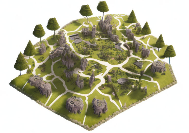 Park 3D Render with Walkways, Trees, Rocks, and Landscaped Grass