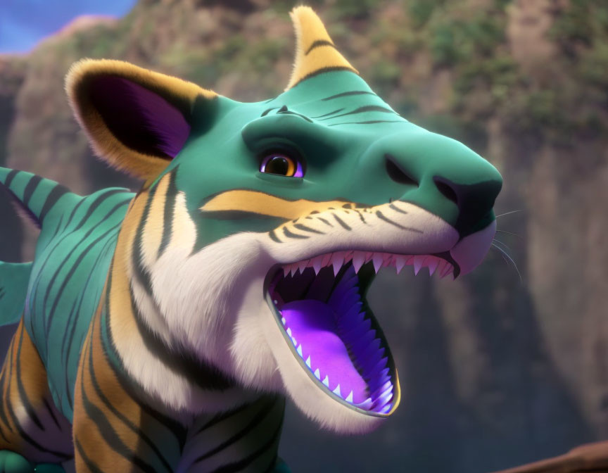 Detailed Close-Up of Green-Furred 3D Animated Tiger