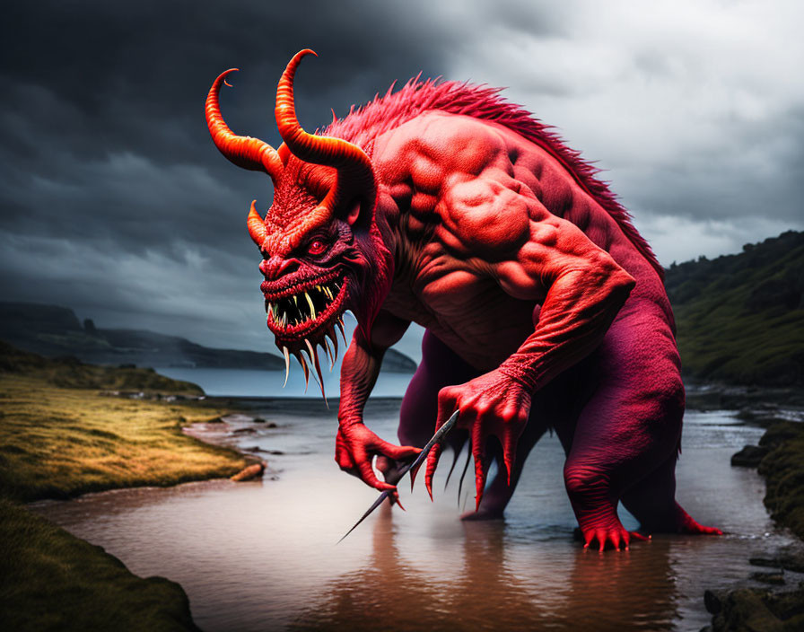 Sinister red dragon with horns in bleak landscape