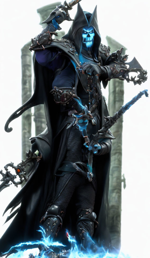 Dark armored figure with glowing blue accents and skull-like mask wields chained weapon by blue energy surge