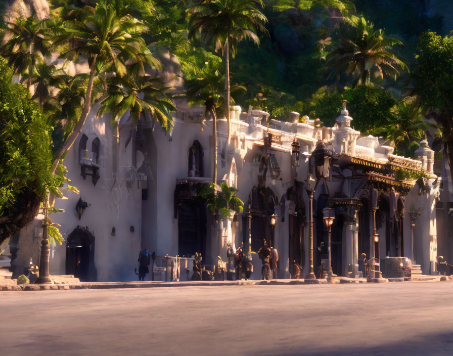 Sunlit Spanish-style street with palm trees: Tropical ambiance