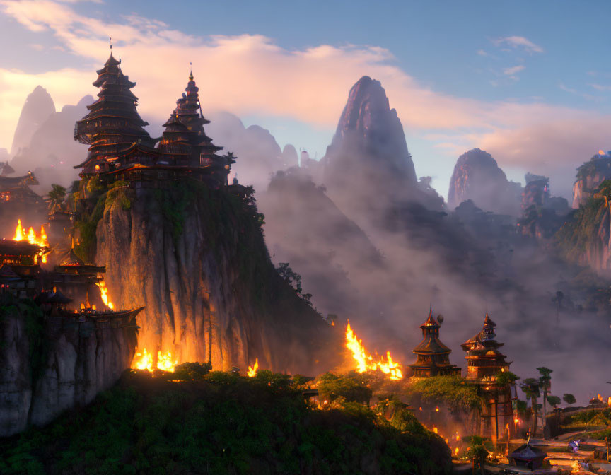Ancient Asian Temples on Steep Cliffs in Twilight Mist