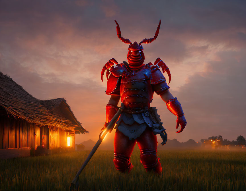 Menacing figure in red samurai armor with sword at dusk by traditional house