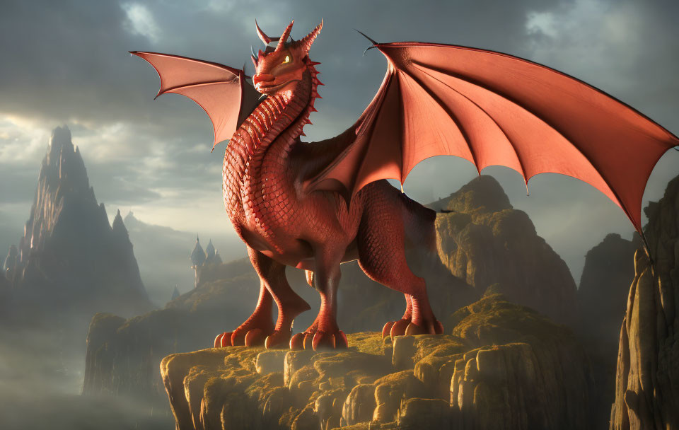 Majestic red dragon on rocky cliff with spread wings