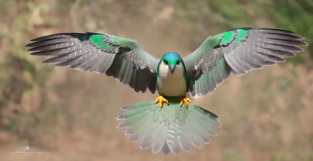 Vibrant green bird in mid-flight with intricate feather patterns