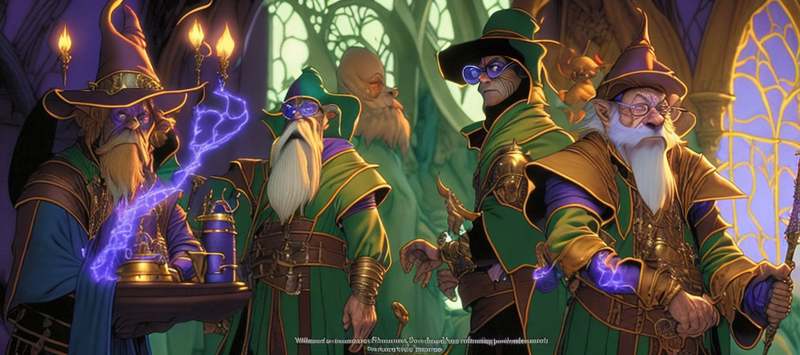 Five animated wizards in grand hall with elaborate robes and hats, one conjuring blue magic
