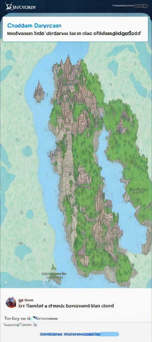 Fantasy map illustration of island with castle, settlements, forests, mountains