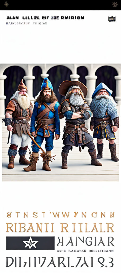 Three dwarf figurines in medieval attire lined up on palace balcony background