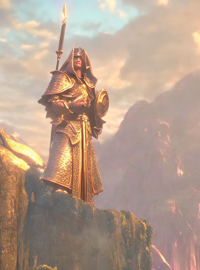 Armored knight with spear and shield on cliff at sunrise surrounded by misty mountains