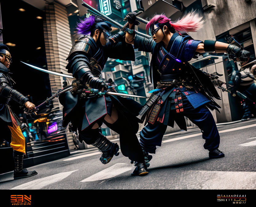 Dynamic samurai warrior action figures in urban street scene with modern armor and vibrant hair colors