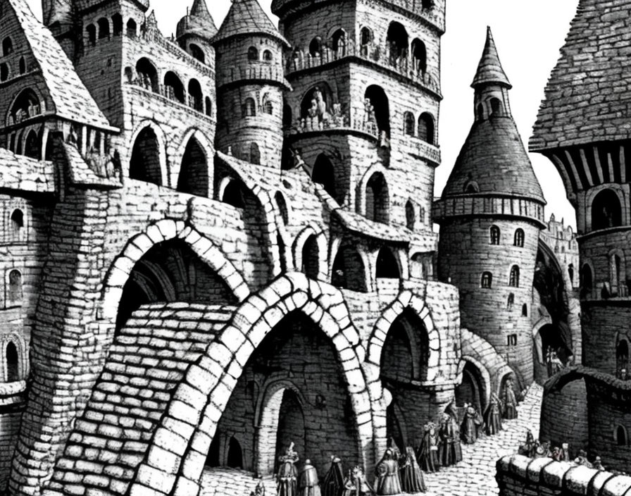 Detailed Black and White Drawing of Medieval Castle with Towers and Arches