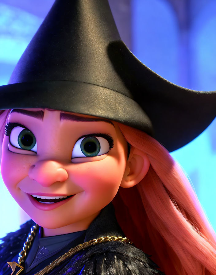 Orange-Haired Animated Character in Witch Hat Smiling Warmly