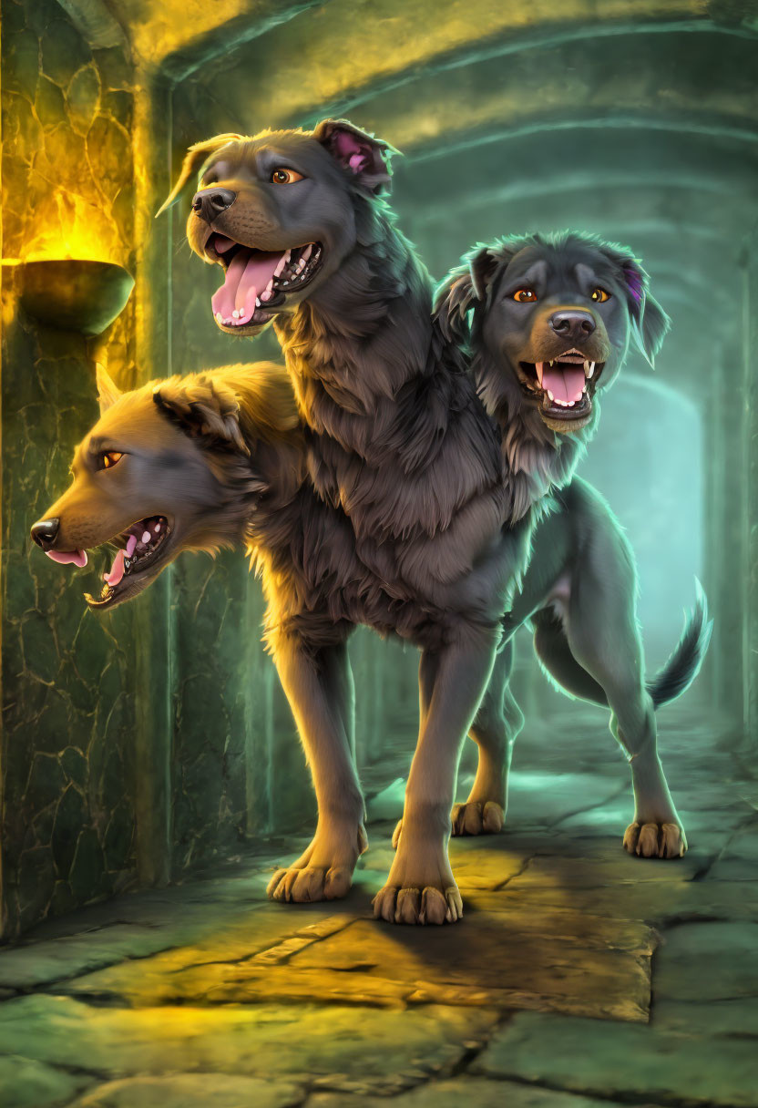 Three-headed dog digital artwork in gray fur, guarding torch-lit stone corridor.