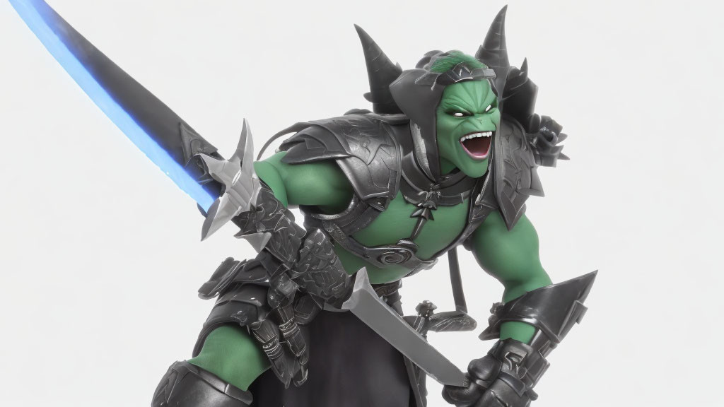 Green-skinned action figure in dark armor wields blue sword