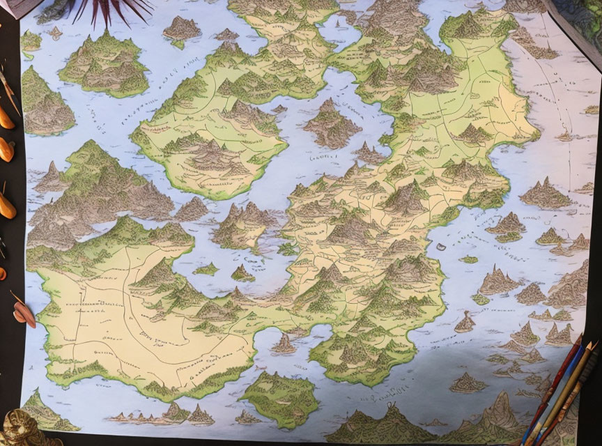 Detailed Hand-Drawn Fantasy Map with Islands, Mountains, and Trees