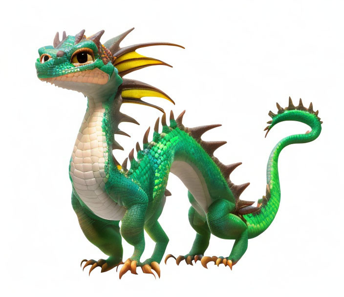 Colorful animated dragon with green scales and yellow accents on white background
