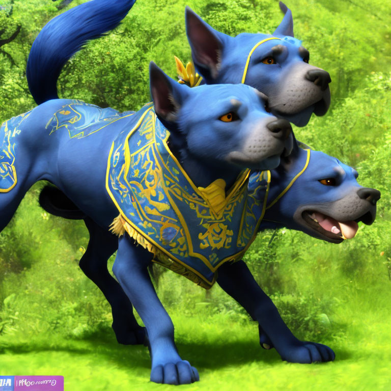 Animated blue dogs in golden armor playing in lush green setting
