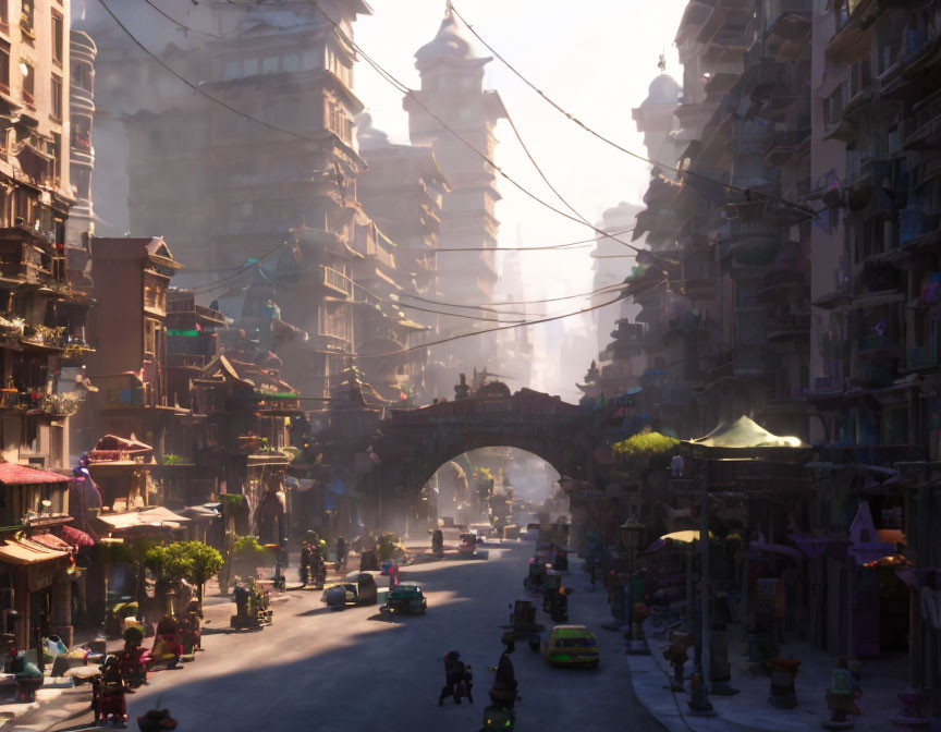 City street scene with tall buildings, bridge, vehicles, and pedestrians