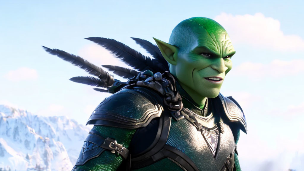 Green-skinned character in armored suit smirks in snowy mountain scene