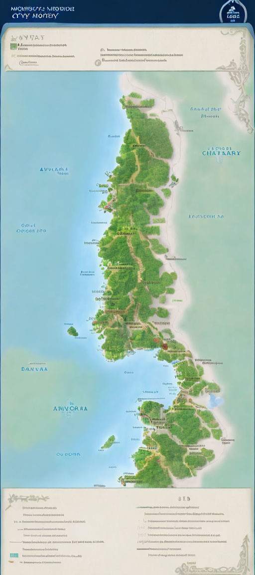 Detailed Fantasy Map with Labeled Regions, Mountains, Forests, and Water Bodies