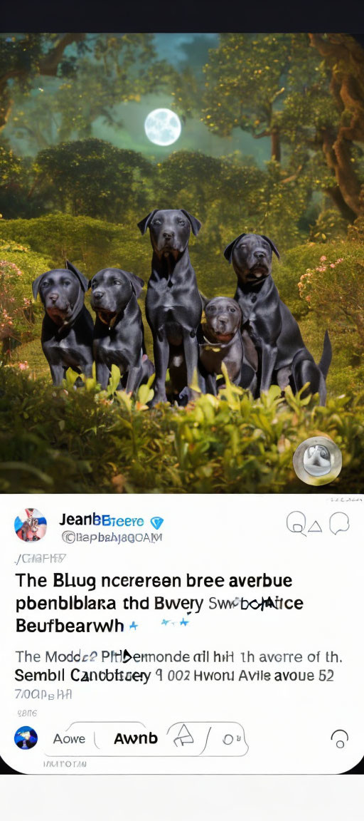 Four Black Labrador Dogs in Fantastical Forest with Bright Full Moon