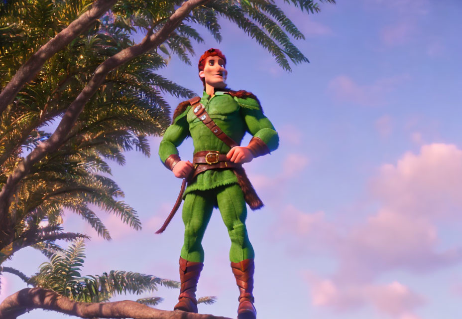 Red-haired animated character in green medieval outfit under blue sky with palm tree.