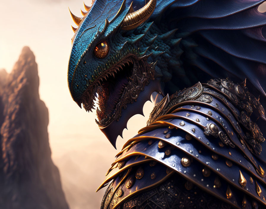 Blue Dragon in Ornate Armor Against Mountainous Backdrop