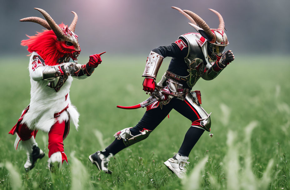 Elaborate red and white demon samurai costumes with swords in grassy field