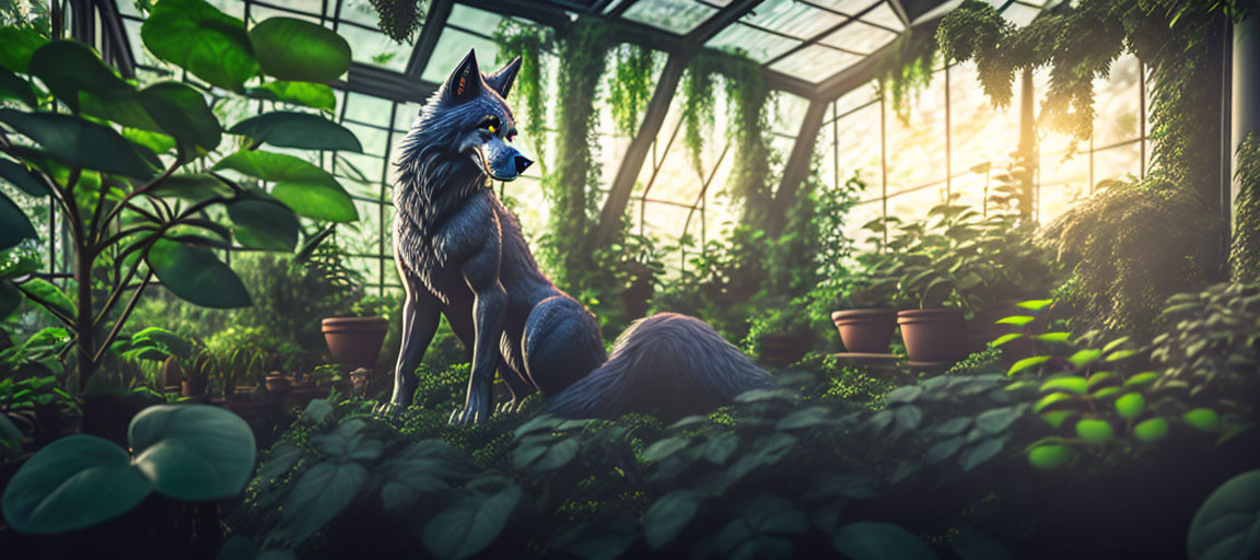 Majestic wolf in lush greenhouse with sunlight and plants
