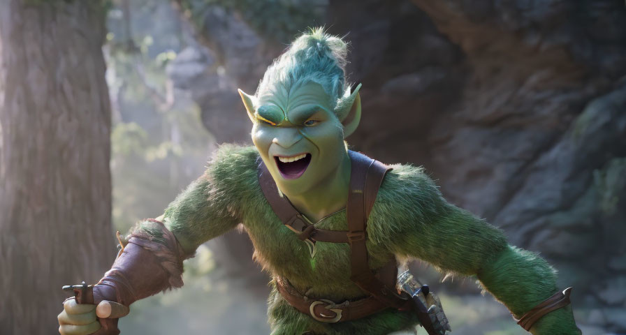 Green ogre with pointy ears smiling in sunny forest setting