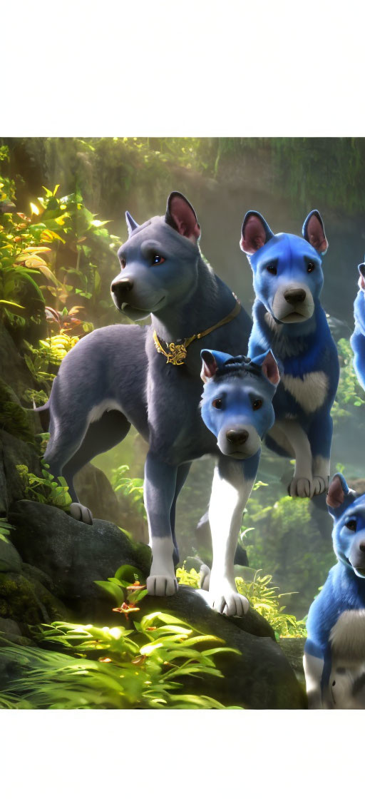 Blue-Grey Animated Dogs with Pointed Ears in Forest