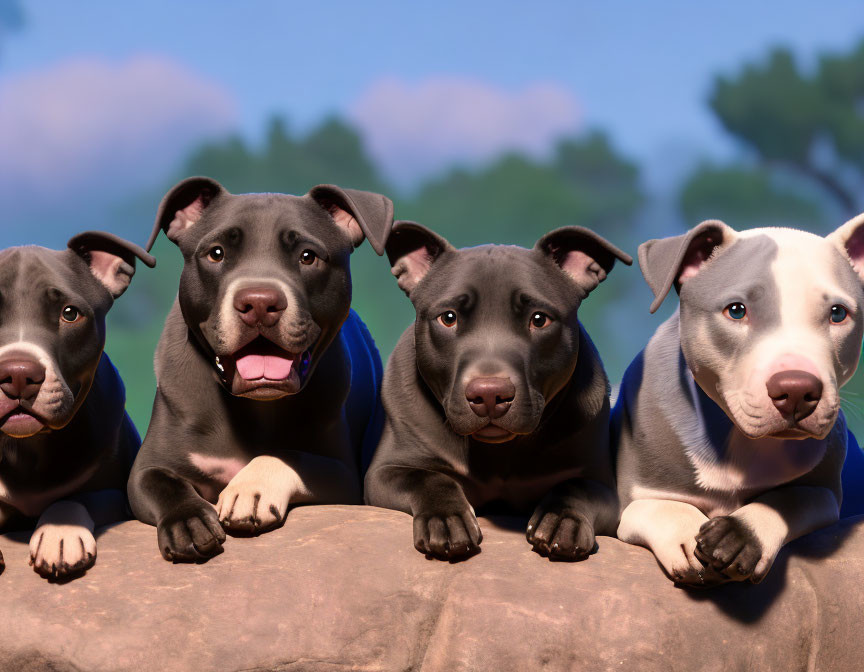 Four animated puppies with shiny coats on a rock.