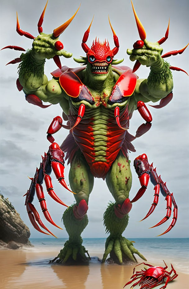 Monstrous green and red creature with horns and claws on stormy beach