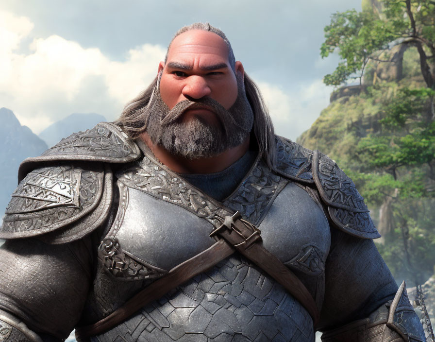 Animated character in silver armor with graying beard against mountain backdrop