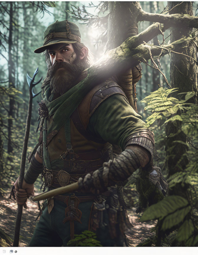 Bearded character in green medieval attire with bow in forest