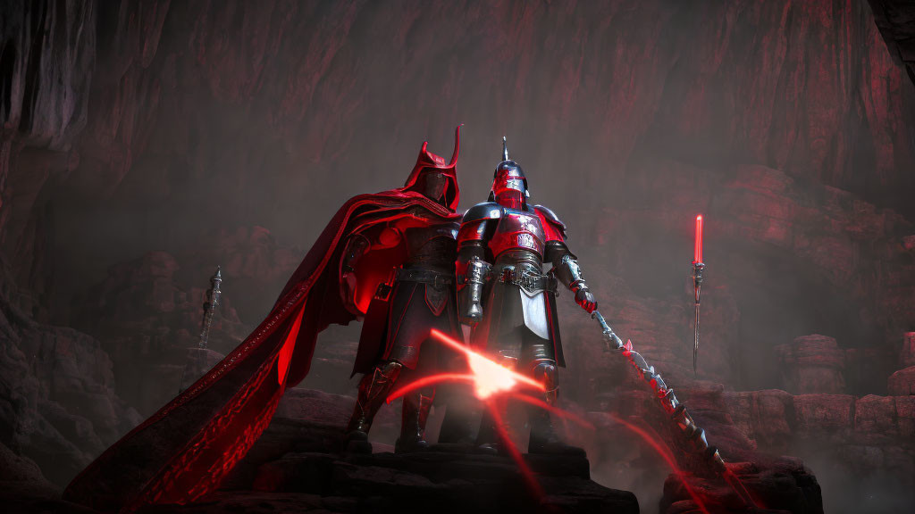 Armored figures with red capes in dark cavern with lightsaber