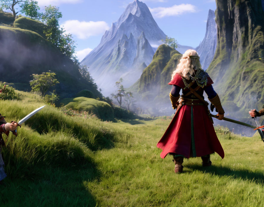 White-Haired Warrior in Red Cape Stands in Meadow
