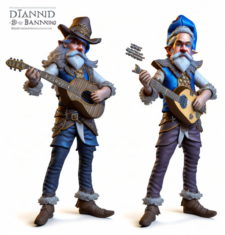 Stylized fantasy dwarf characters playing mandolin in blue and brown hats