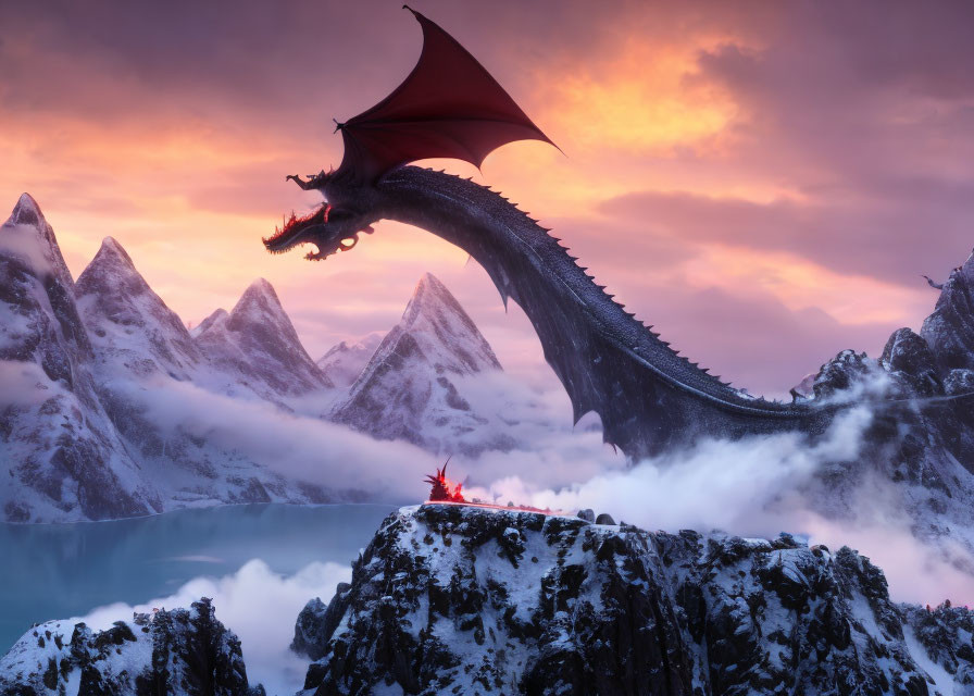 Majestic dragon on rocky cliff under sunset sky