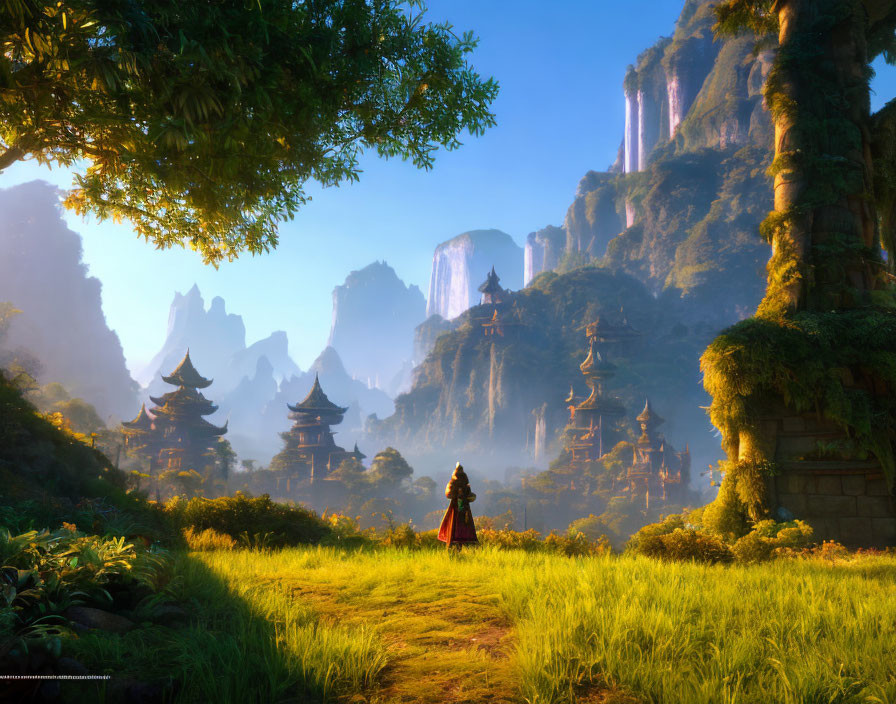 Serene fantasy landscape with ancient pagodas, lush vegetation, towering cliffs, wandering figure, and