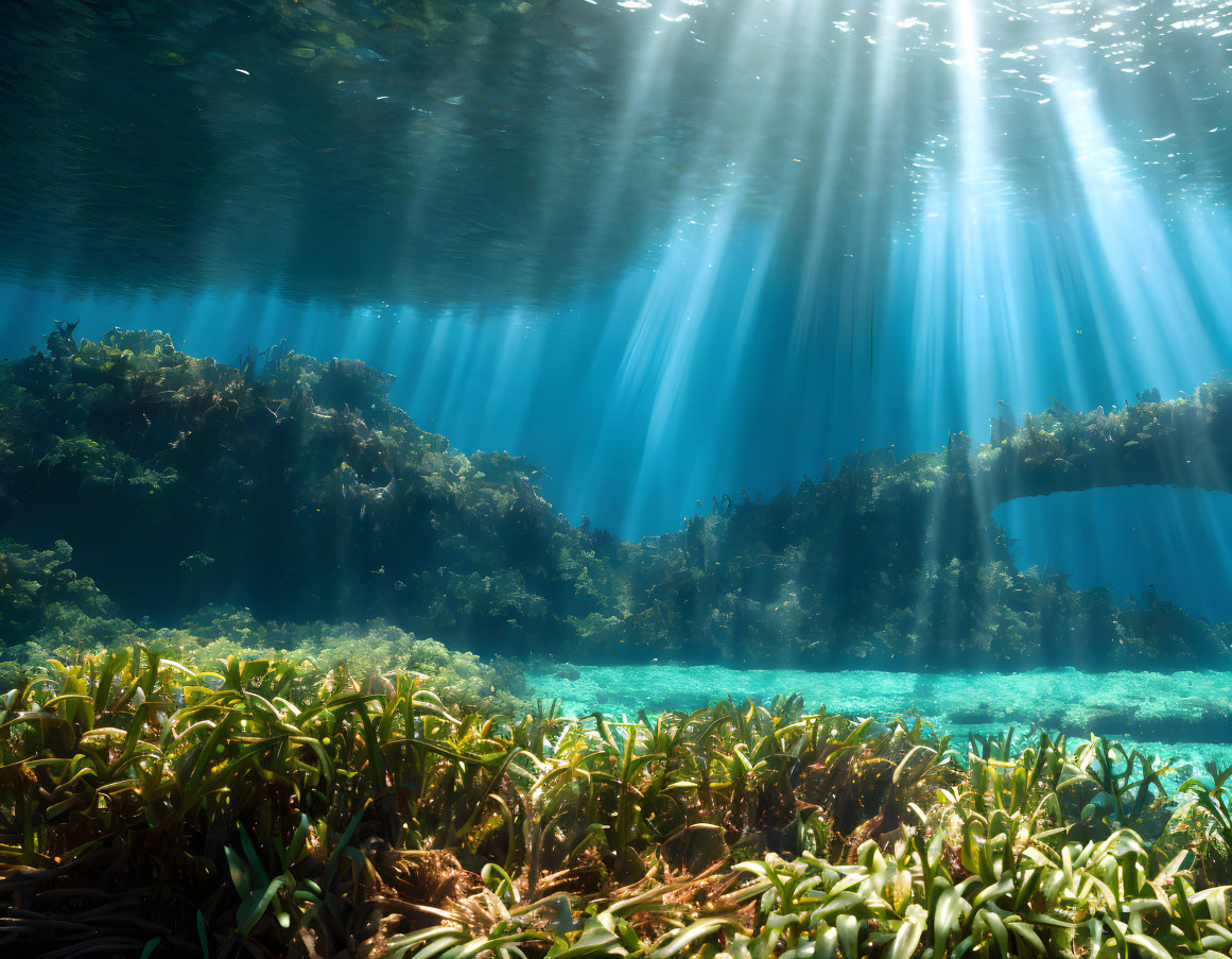 Sunlight filtering through underwater forest and sea plants