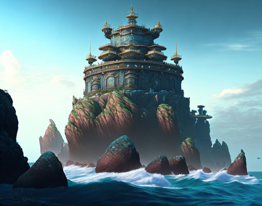 Traditional Eastern multi-tiered palace on coastal rocks with turbulent sea and blue sky