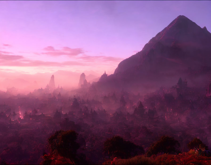 Mystical landscape at dusk: silhouetted spires, soft purple haze, prominent mountain