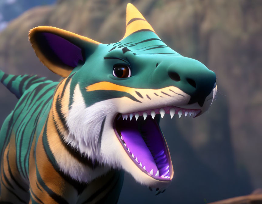 3D-animated creature with tiger and shark features in mountain setting