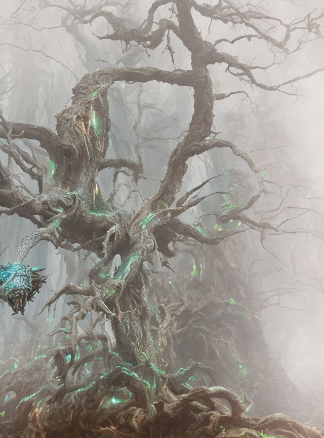 Mystical tree with twisted branches and green accents in foggy forest