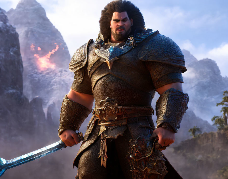 Muscular fantasy warrior with glowing blue sword in mountain landscape