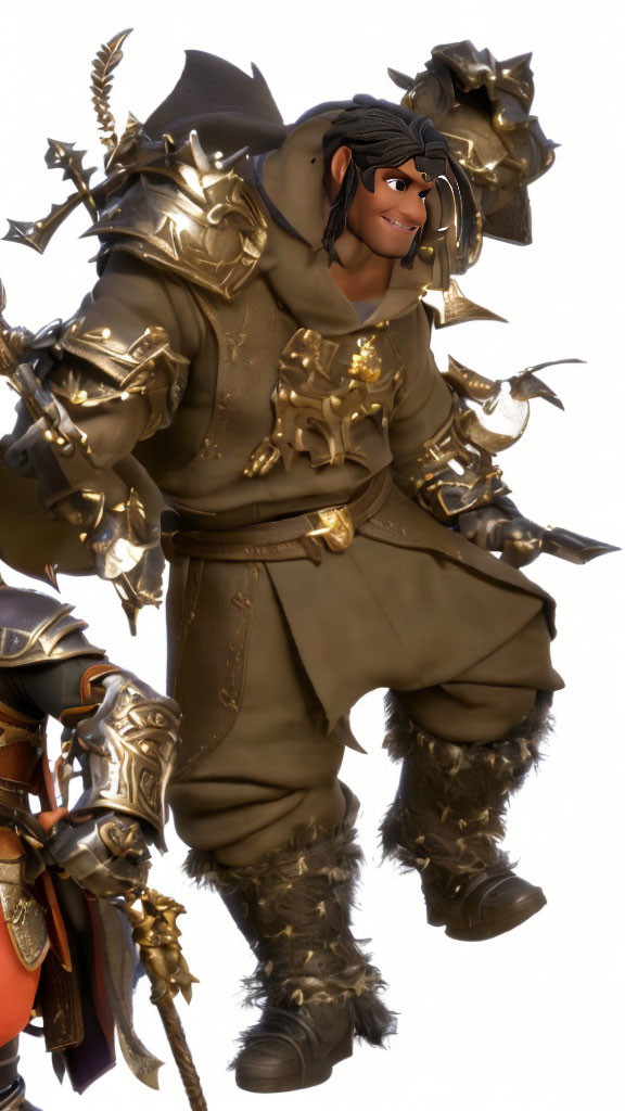 Armored character with smirk, horned helmet, metallic gauntlets, fur-trimmed boots