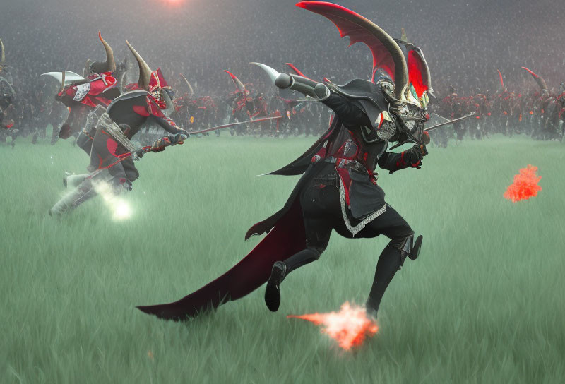 Red and black armored warriors charging in misty field with swords.