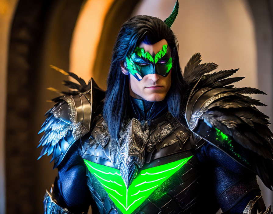 Fantasy character in black armor with green glowing accents and mask, standing by arched structures